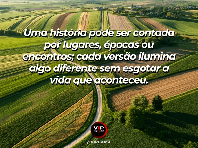 Frase sobre diferentes perspectivas de uma história, em uma cena com vila acolhedora junto a rio e campos com caminhos, flores e construções antigas.