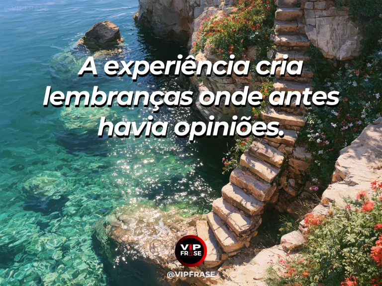 Frase sobre o conhecimento que nasce da própria vivência, com livro aberto sem letras ao lado de janela para jardim e trilha real ao fundo.