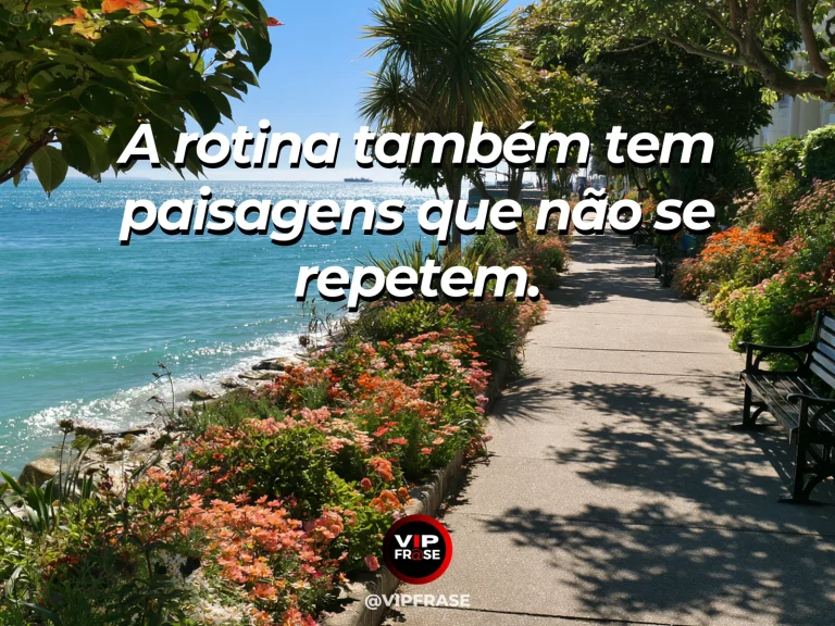 Frase sobre as paisagens que mudam no dia a dia, com janela para o mesmo jardim em dia luminoso com flores de diversas fases.
