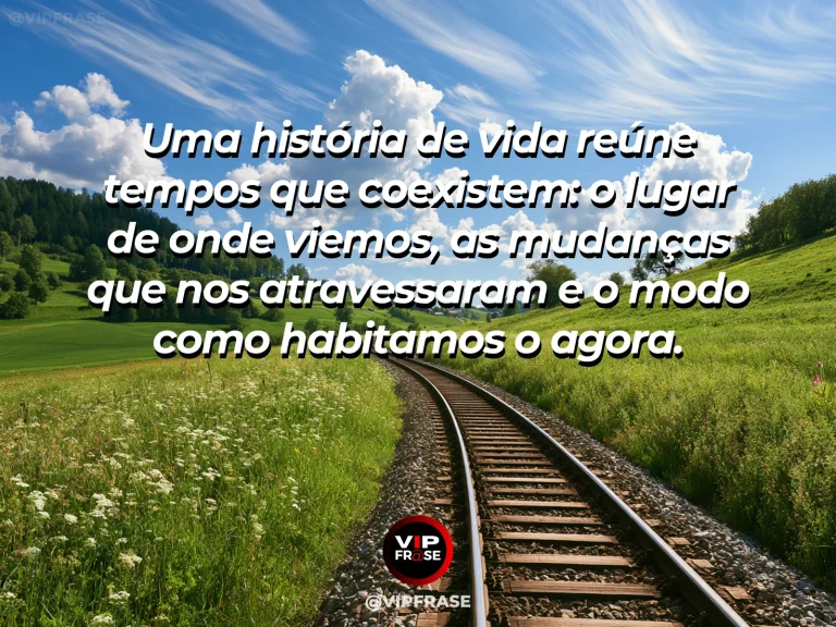 Frase sobre o encontro de passado e presente numa história de vida, com vila histórica em primeiro plano com caminho moderno e paisagem de montanhas ao fundo, jardim com flores luminosas.