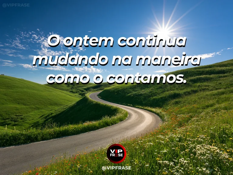 Frase sobre memórias reinterpretadas pelo presente, em uma cena com livro de páginas em branco ao lado de janela aberta para rua histórica ensolarada.