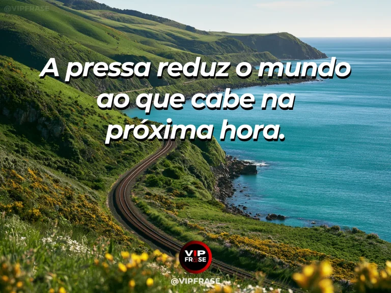 Frase sobre a pressa limita a percepção do mundo, em uma cena com estrada longa entre campos luminosos, com flores próximas e amplo horizonte verde.