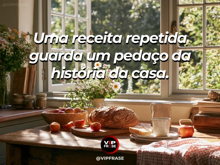 Frase sobre a história da casa preservada nos hábitos, com bancada de cozinha de campo com pão caseiro, frutas e flores na janela.