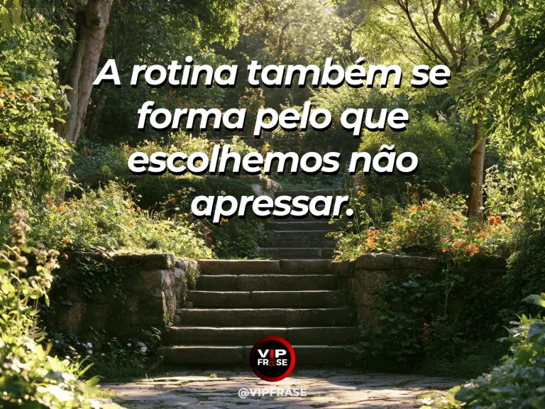 Frase sobre momentos preservados da correria, em uma cena com caminho de pedra no jardim com banco ao sol e flores vivas.