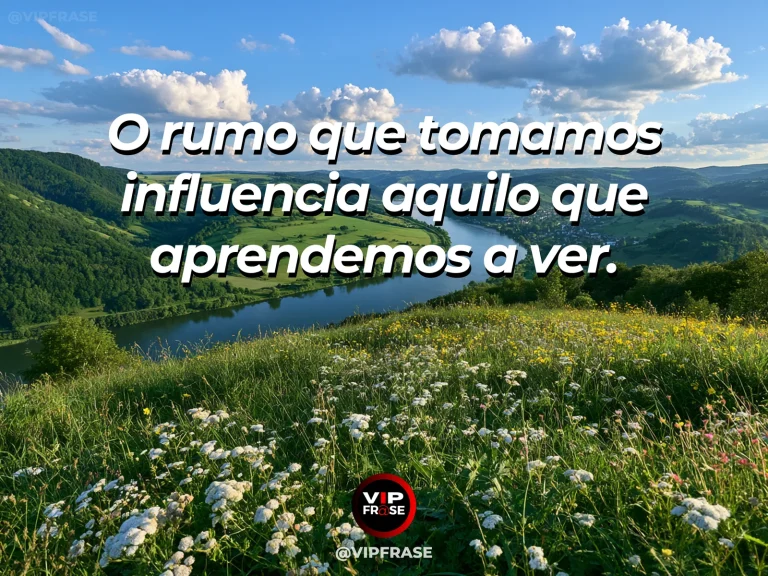 Frase sobre os rumos que transformam nossa percepção, com estrada estreita entre montanhas verdes, abrindo uma vista inesperada para um lago turquesa.