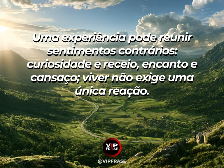 Frase sobre os sentimentos contrastantes de uma experiência, com vale luminoso reúne sol, nuvens macias, rio e flores multicoloridas.