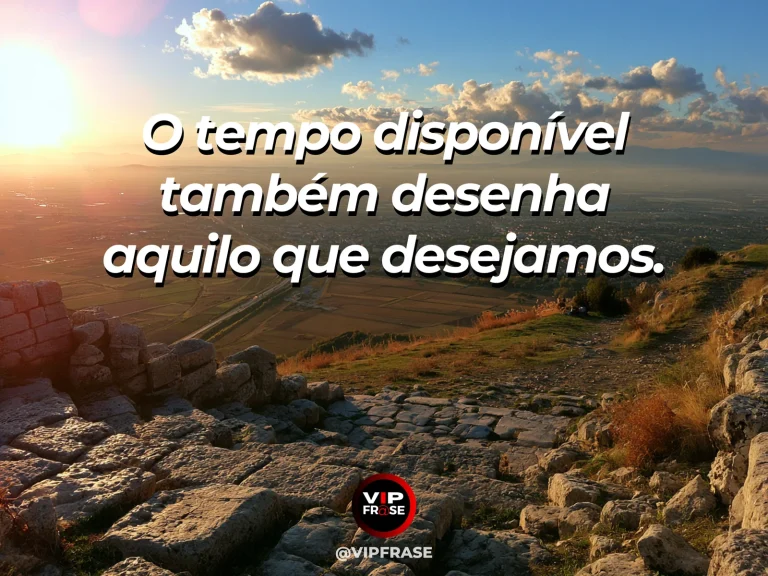 Frase sobre o tempo que influencia os nossos desejos, com relógio de sol discreto em jardim amplo com trilhas e flores sob luz clara.