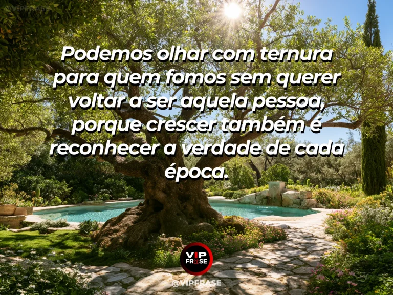 Frase sobre o respeito pelas versões anteriores de nós mesmos, com árvore antiga frondosa junto a banco de jardim, flores novas e luz dourada que atravessa a copa.