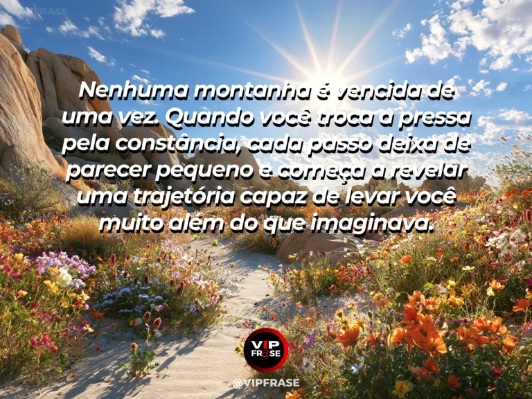 Mensagem de superação em trilha alpina longa rumo ao cume iluminado, representando constância diante de grandes desafios.