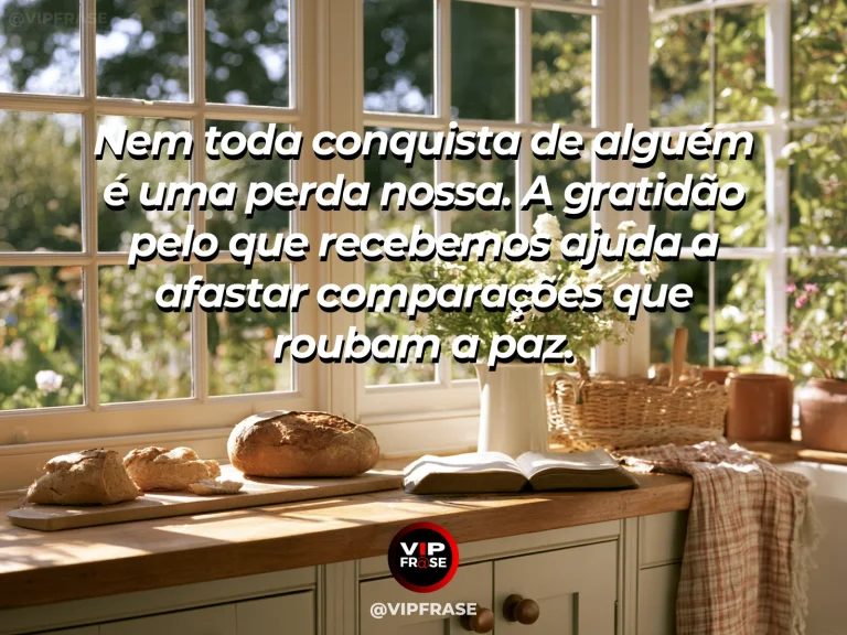 Arte com frase de paz sobre gratidão para não viver em comparação, em cenário de mesa simples com frutas e flores ao lado de janela iluminada.
