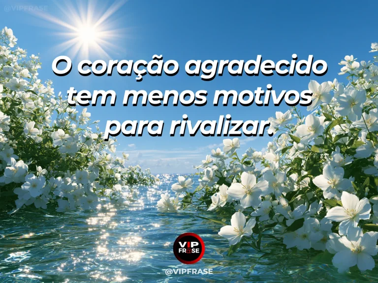 Arte com frase de paz sobre gratidão sem rivalidade, em cenário de natureza e luz suave.