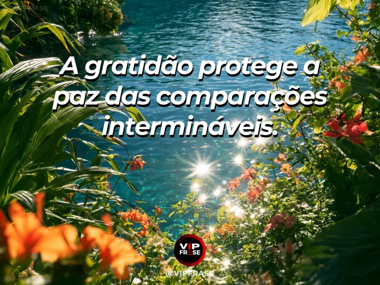 Arte com frase de paz sobre gratidão sem comparações, em cenário de mesa simples com frutas frescas e flores campestres.