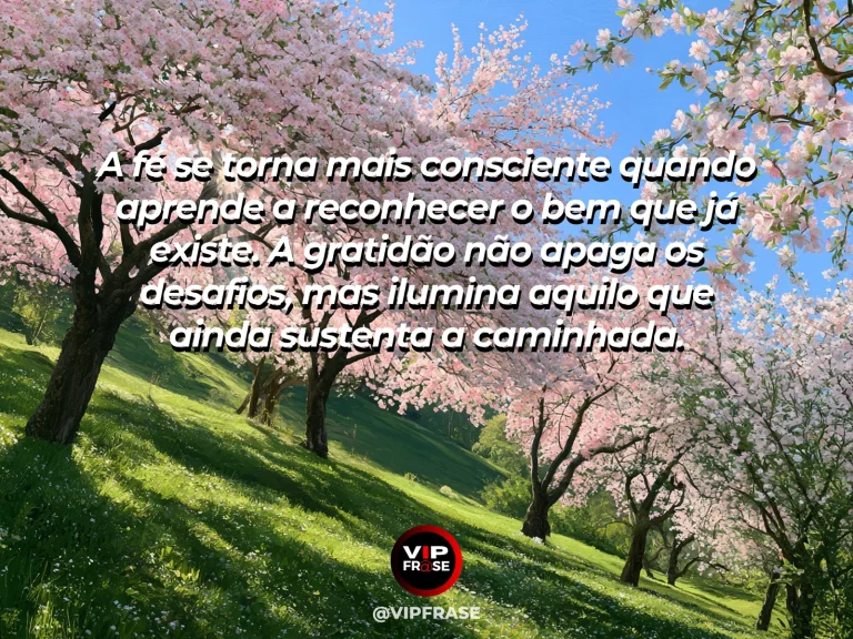 Mensagem de fé e gratidão em pomar florido banhado pela luz da manhã.