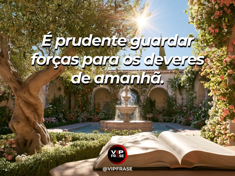Frase de sabedoria sobre descanso e deveres futuros, com banco de madeira sombreado por oliveira em jardim vivo.