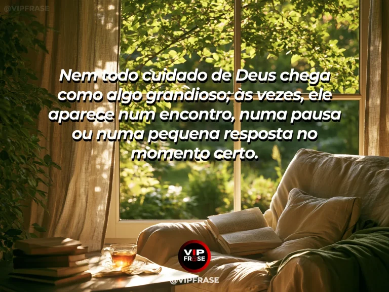 Arte sobre há cuidado de deus nos detalhes, com mesa de café iluminada pelo sol com flores e jardim ao fundo.