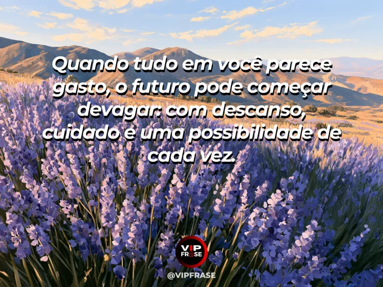 Mensagem de superação com jardim florido junto a um lago ao amanhecer, evocando descanso e esperança depois da exaustão.