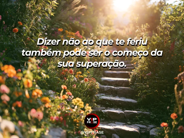 Mensagem de superação com portão ficando para trás enquanto um caminho florido segue adiante, simbolizando limites que iniciam uma vitória.