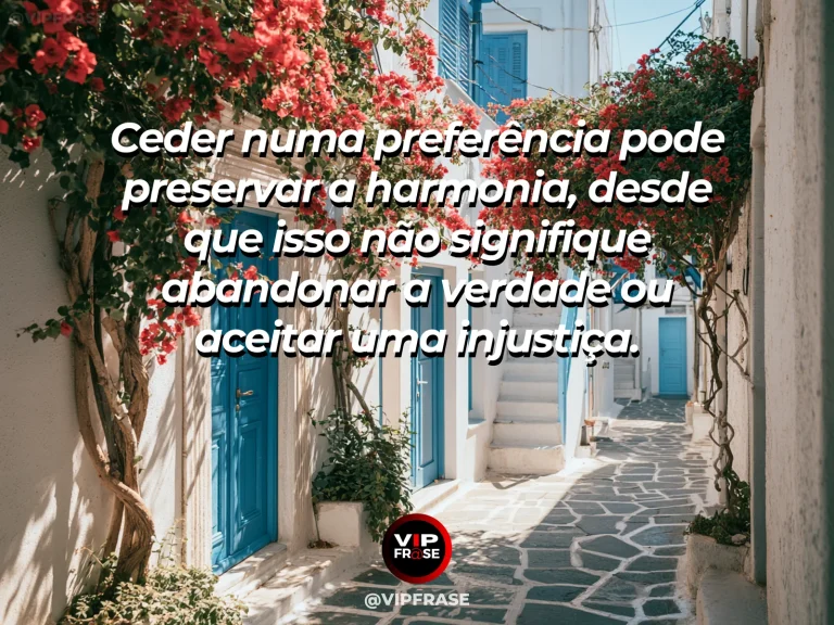 Arte com frase de paz sobre harmonia sem abandonar os próprios valores, em cenário de portão baixo aberto para jardim vivo com roseiras em flor.
