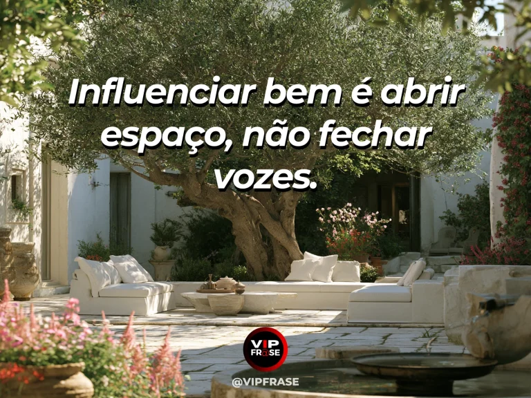 Frase de sabedoria sobre influência que respeita os outros, com mesa de madeira com cadeiras ao ar livre em jardim luminoso.
