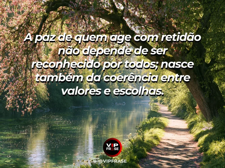 Arte com frase de paz sobre integridade como fundamento da serenidade, em cenário de caminho de pedras sob árvores antigas num jardim de primavera.