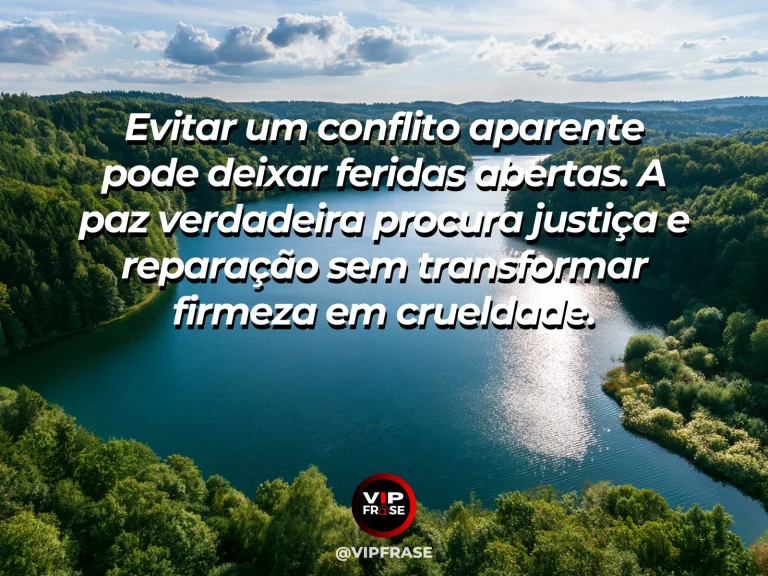 Arte com frase de paz sobre justiça e reparação no caminho da paz, em cenário de ponte de pedra ligando margens de riacho florido.
