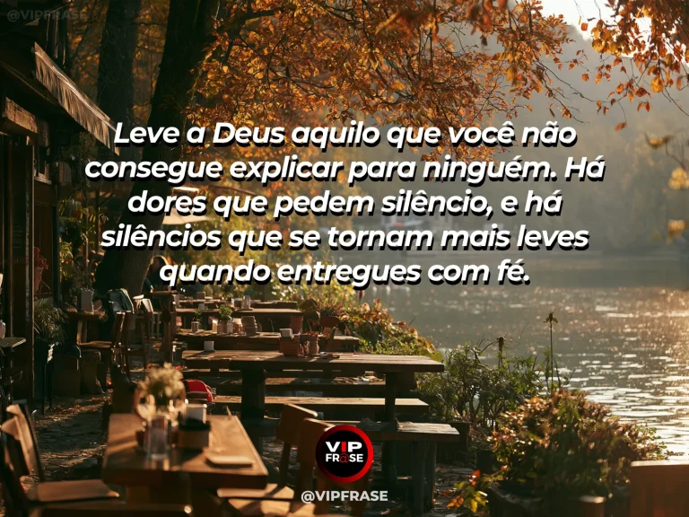 Mensagem de fé em Deus, com banco à margem de lago tranquilo.