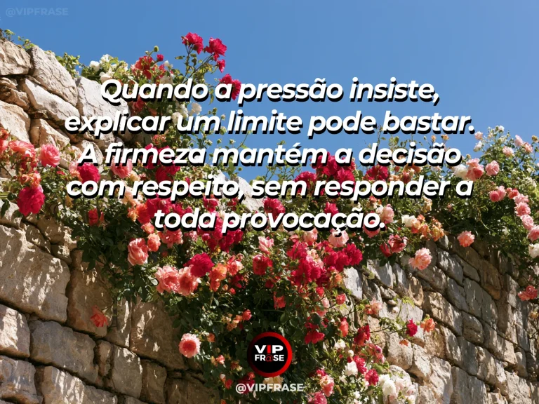 Frase de força sobre limites claros diante da insistência, com muro antigo bem conservado com roseiras coloridas e montanhas ao fundo.