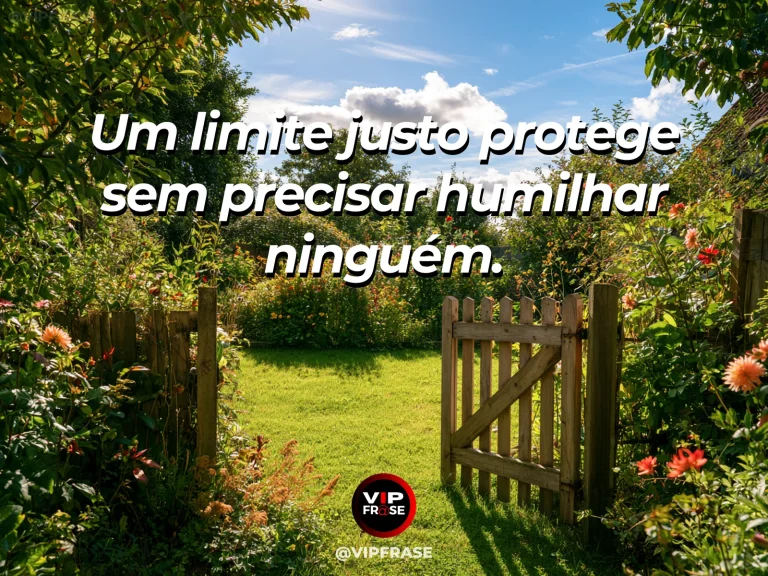 Mensagem de sabedoria sobre limites com dignidade, com cerca baixa de madeira em jardim florido bem cuidado.