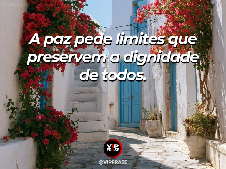 Arte com frase de paz sobre limites que preservam a paz, em cenário de jardim com cerca baixa e portão de madeira aberto.