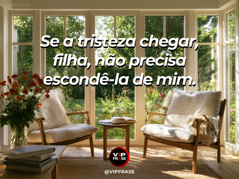 Frase de mãe para filha sobre acolhimento de mãe na tristeza, com cena luminosa e acolhedora.
