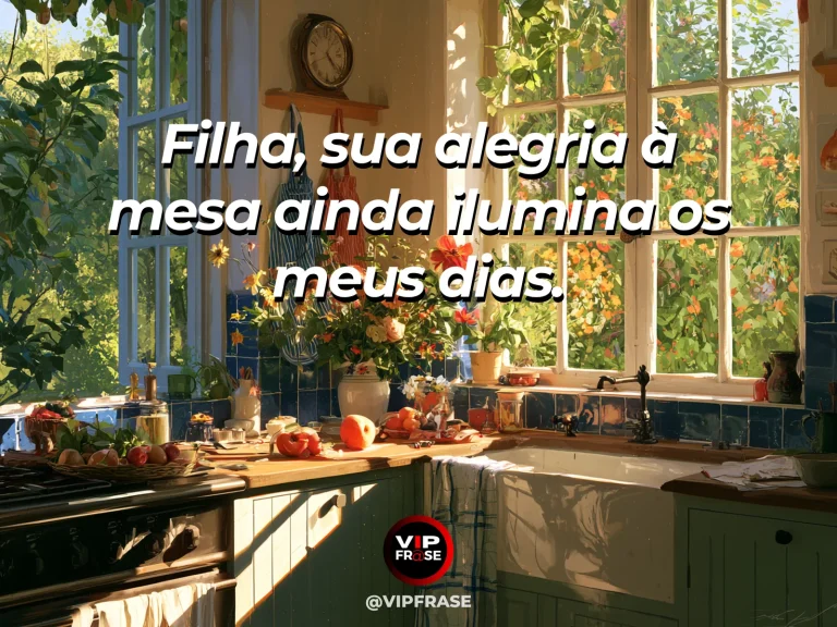 Frase de mãe para filha sobre alegria nas pequenas reuniões, em mesa acolhedora junto à janela, com flores e luz natural.