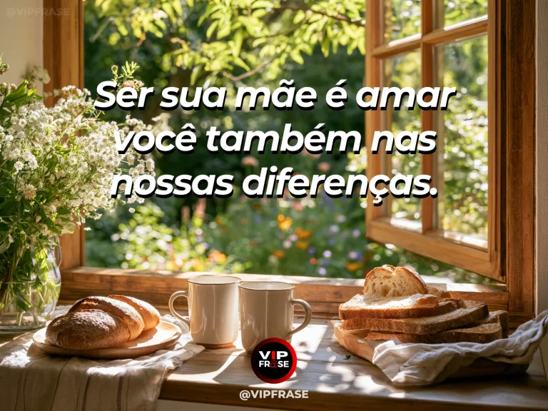 Frase de mãe para filha sobre amor de mãe nas diferenças, com cena luminosa e acolhedora.