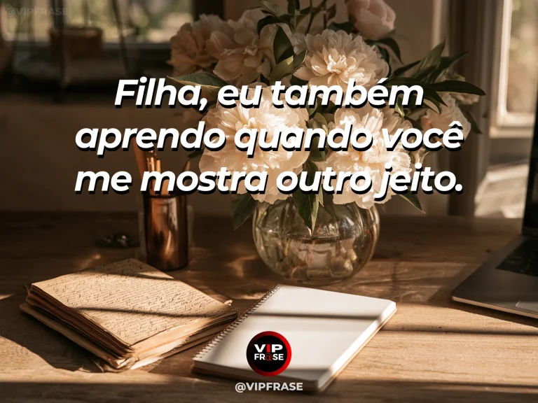 Frase de mãe para filha sobre aprender também com a filha, em mesa acolhedora junto à janela, com flores e luz natural.
