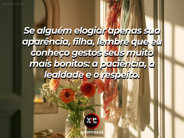 Frase de mãe para filha sobre beleza da filha revelada no caráter, em jardim florido com vegetação e luz natural.