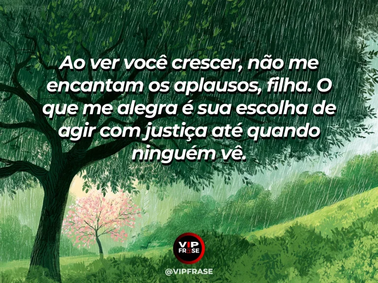 Frase de mãe para filha sobre caráter da filha acima dos aplausos, com cena luminosa e acolhedora.