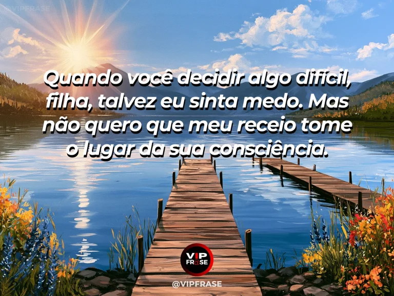 Frase de mãe para filha sobre confiança materna nas decisões difíceis, em caminho entre flores e vegetação iluminado pelo sol.