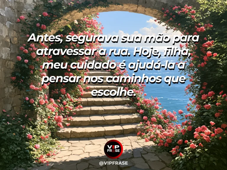 Frase de mãe para filha sobre crescer e escolher os próprios caminhos, com cena luminosa e acolhedora.
