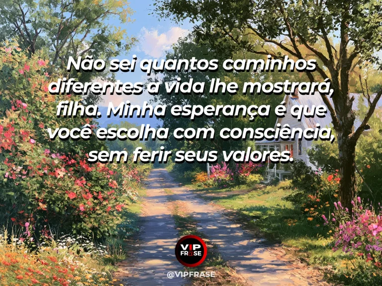 Frase de mãe para filha sobre esperança materna para escolhas conscientes, em caminho entre flores e vegetação iluminado pelo sol.