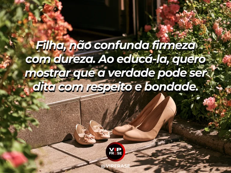 Frase de mãe para filha sobre firmeza e bondade na educação da filha, em jardim florido com vegetação e luz natural.