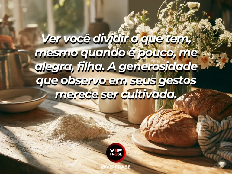 Frase de mãe para filha sobre generosidade cotidiana que a mãe admira, em mesa acolhedora junto à janela, com flores e luz natural.