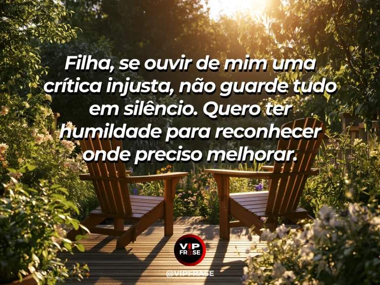 Frase de mãe para filha sobre humildade materna ao receber críticas, em ambiente acolhedor com poltronas, flores e luz do dia.