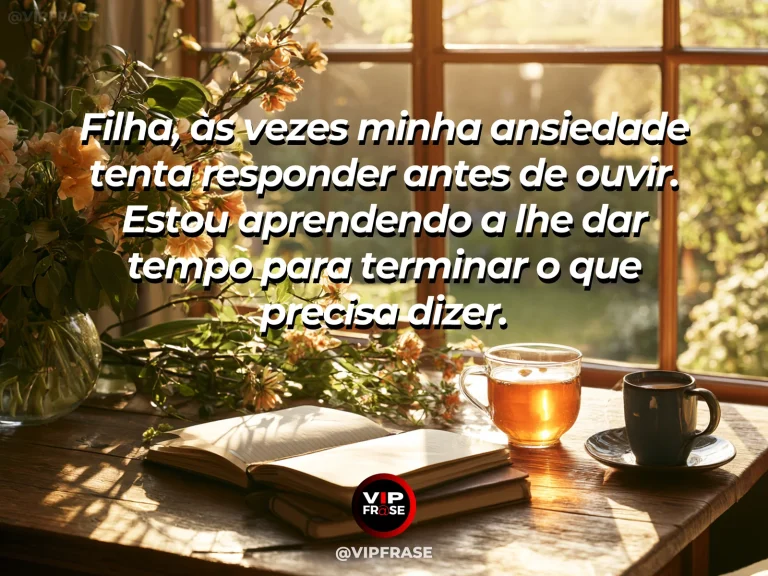 Frase de mãe para filha sobre mãe que aprende a ouvir com paciência, em mesa acolhedora junto à janela, com flores e luz natural.