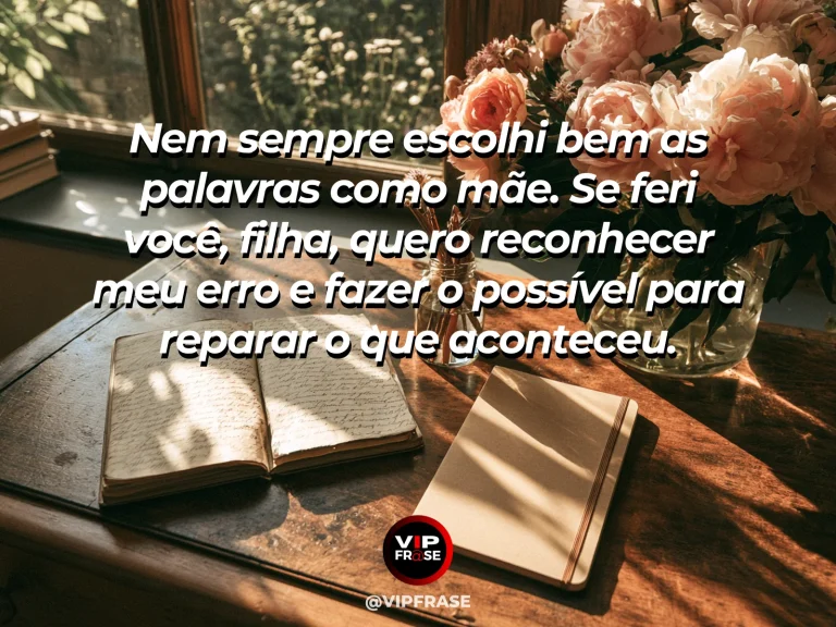 Frase de mãe para filha sobre mãe que reconhece os próprios erros, com cena luminosa e acolhedora.