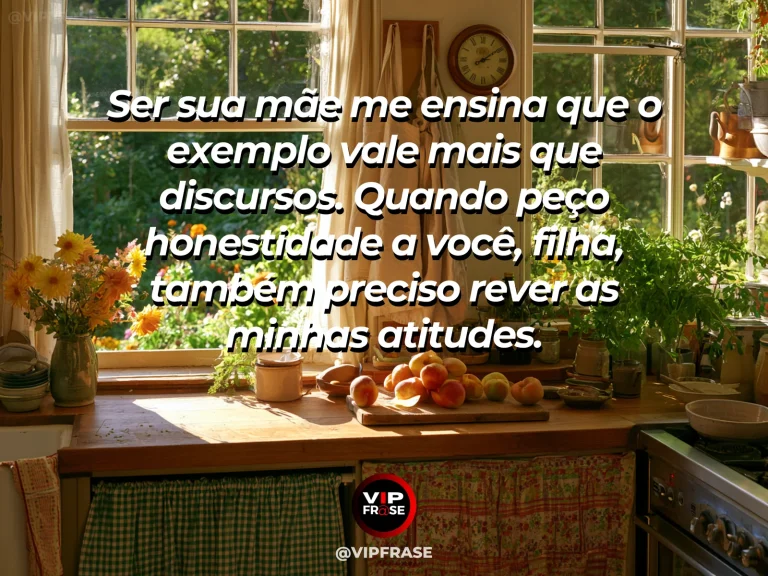 Frase de mãe para filha sobre o exemplo de honestidade da mãe, com cena luminosa e acolhedora.