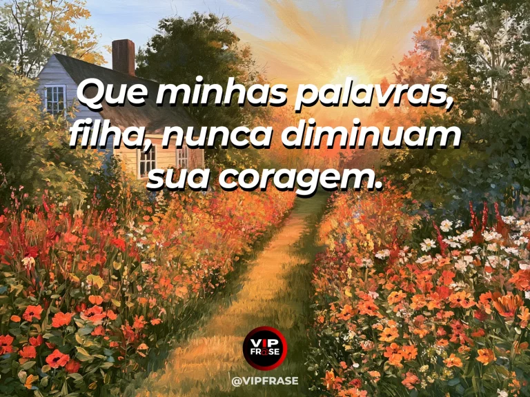 Frase de mãe para filha sobre palavras que encorajam a filha, em caminho entre flores e vegetação iluminado pelo sol.
