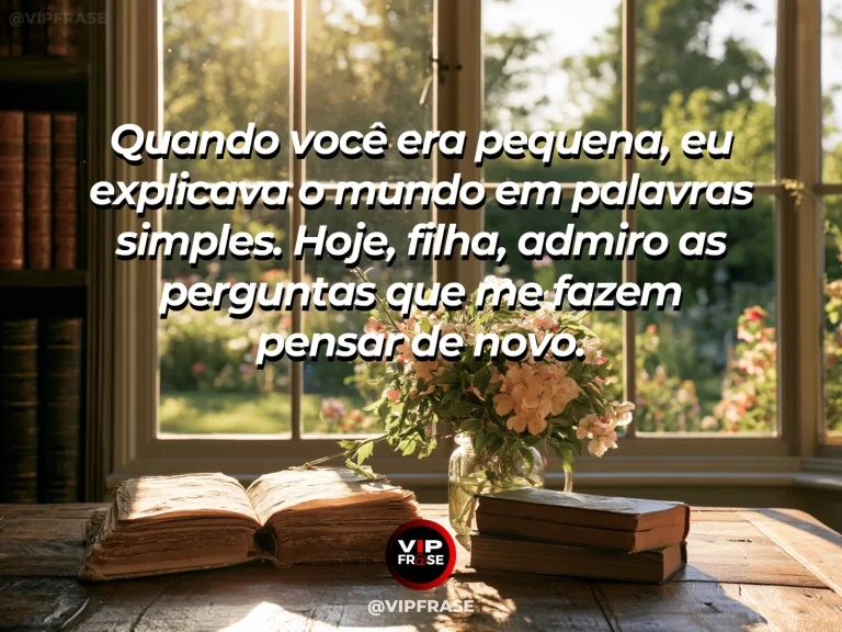 Frase de mãe para filha sobre perguntas da filha que fazem a mãe refletir, em mesa acolhedora junto à janela, com flores e luz natural.