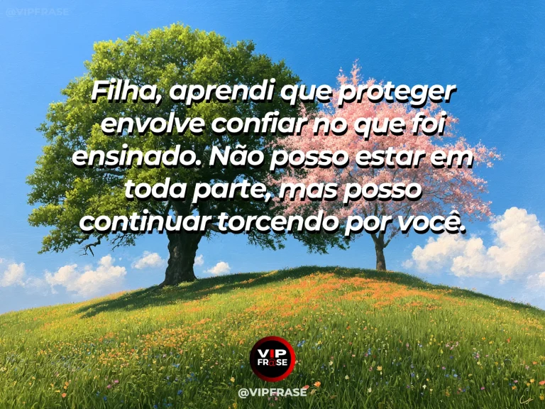 Frase de mãe para filha sobre proteção materna que se transforma em confiança, em caminho entre flores e vegetação iluminado pelo sol.