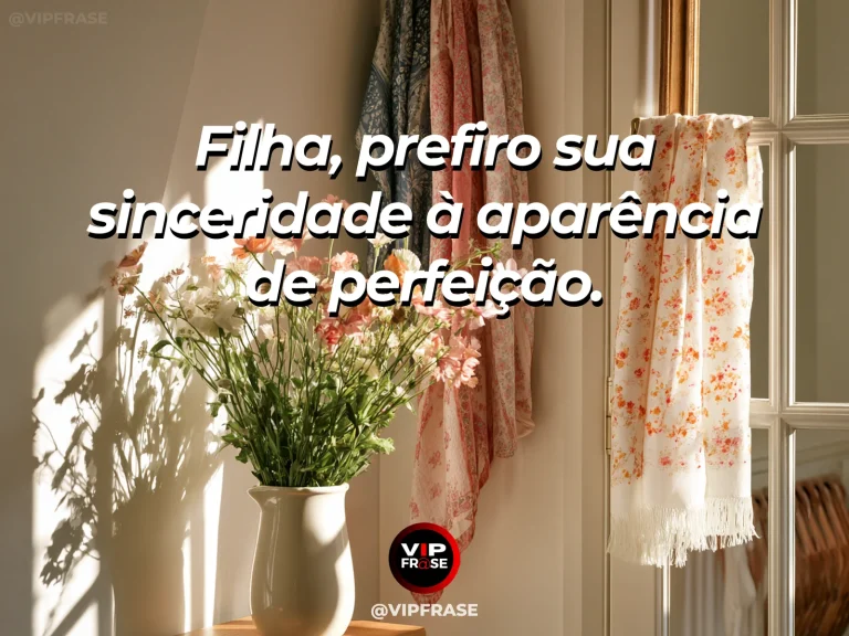 Frase de mãe para filha sobre sinceridade acima da perfeição, com cena luminosa e acolhedora.