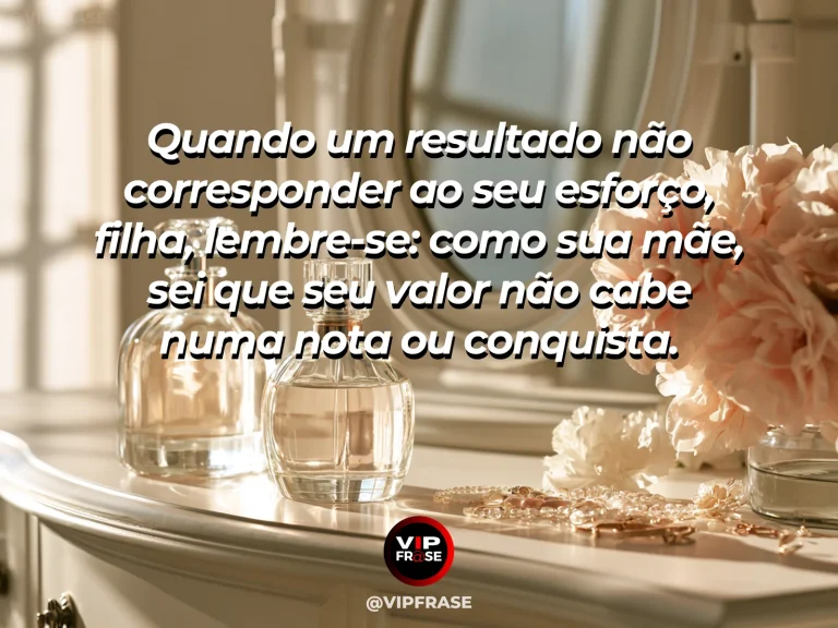 Frase de mãe para filha sobre valor da filha além dos resultados, com cena luminosa e acolhedora.