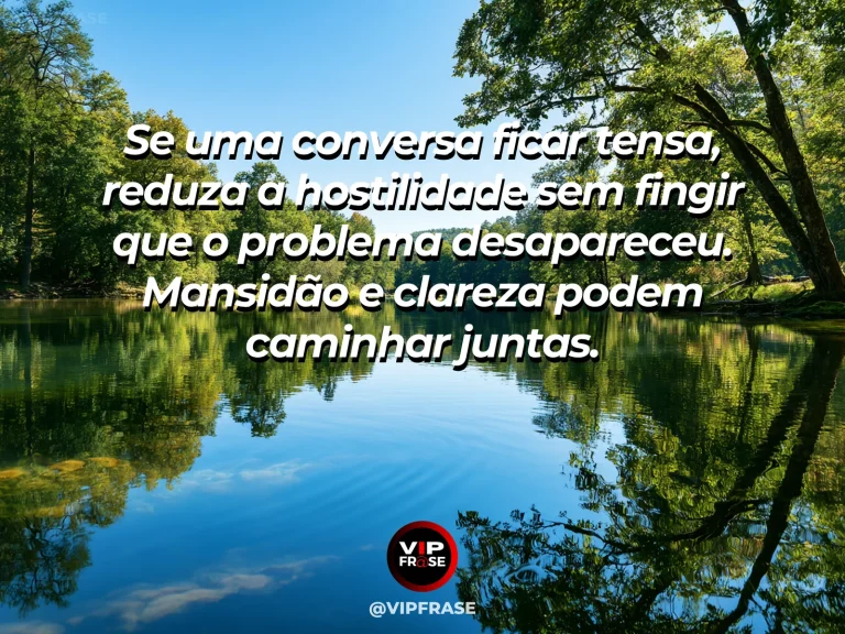 Frase de sabedoria sobre mansidão e clareza nos conflitos, com águas claras de dois riachos encontrando-se num jardim.